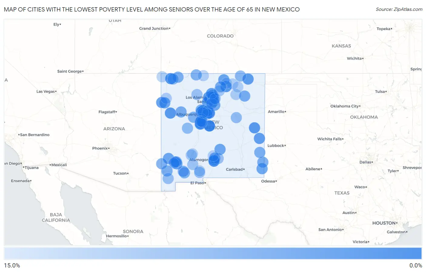 Cities with the Lowest Poverty Level Among Seniors Over the Age of 65 in New Mexico Map