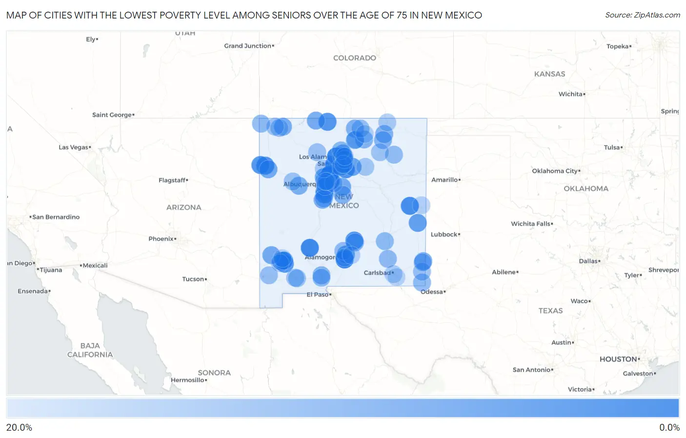 Cities with the Lowest Poverty Level Among Seniors Over the Age of 75 in New Mexico Map