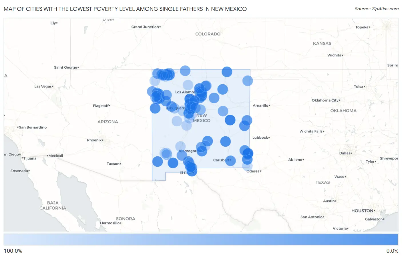Cities with the Lowest Poverty Level Among Single Fathers in New Mexico Map