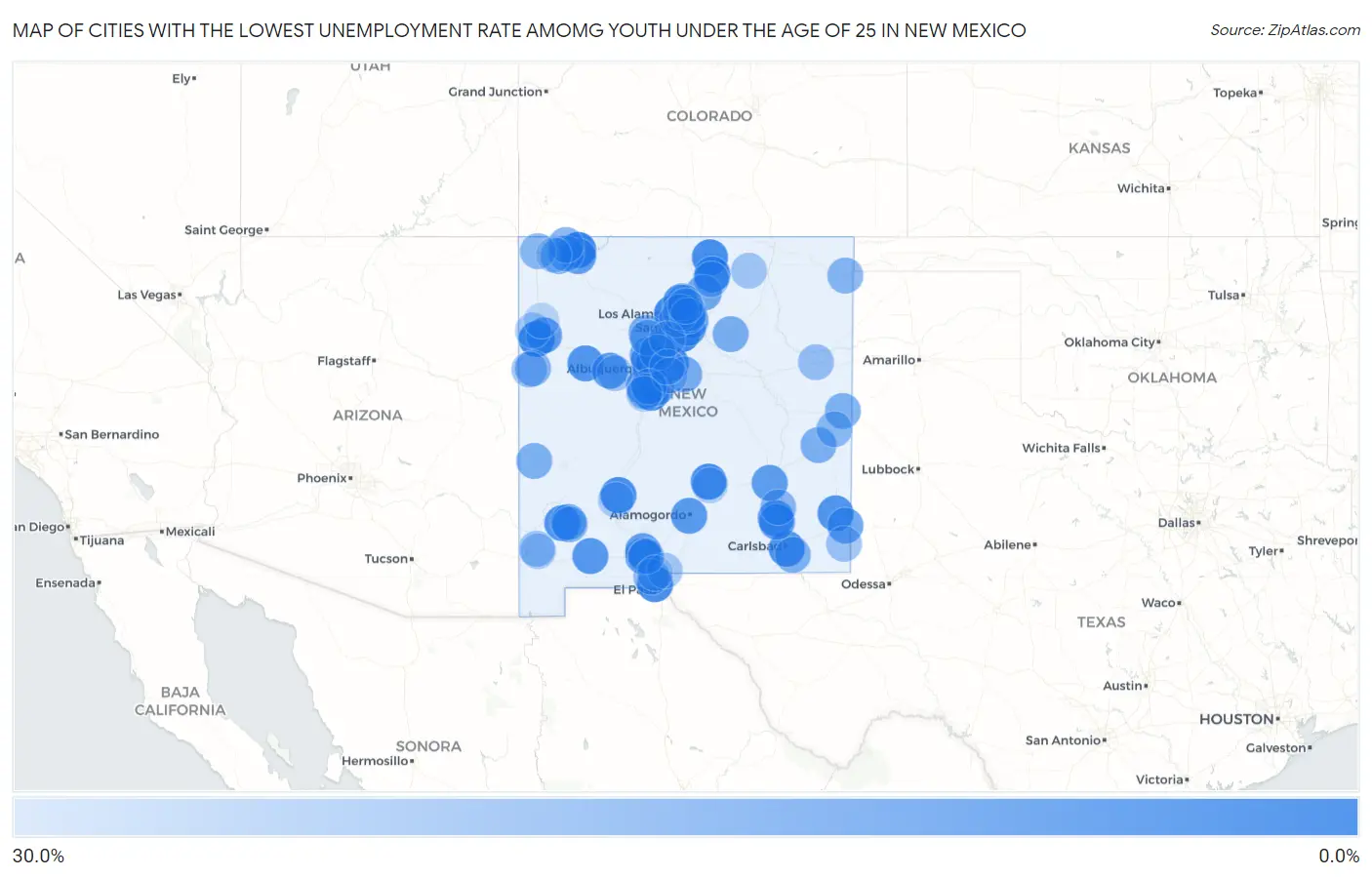 Cities with the Lowest Unemployment Rate Amomg Youth Under the Age of 25 in New Mexico Map