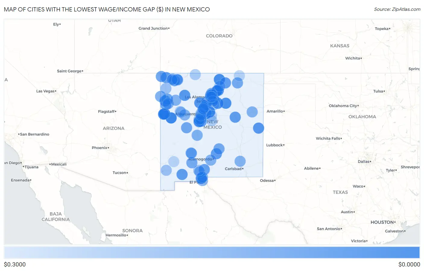 Cities with the Lowest Wage/Income Gap ($) in New Mexico Map