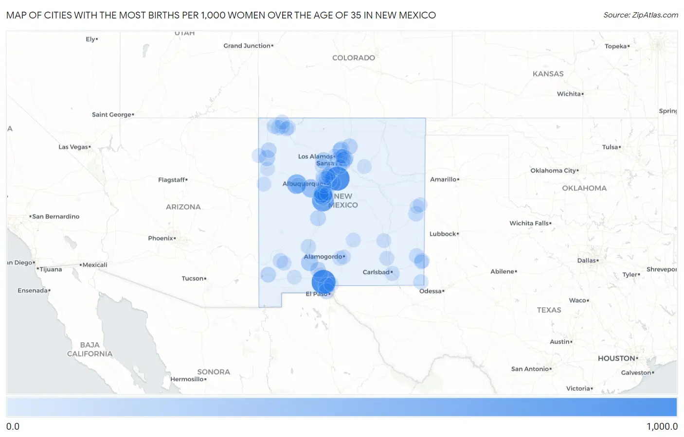 Cities with the Most Births per 1,000 Women Over the Age of 35 in New Mexico Map