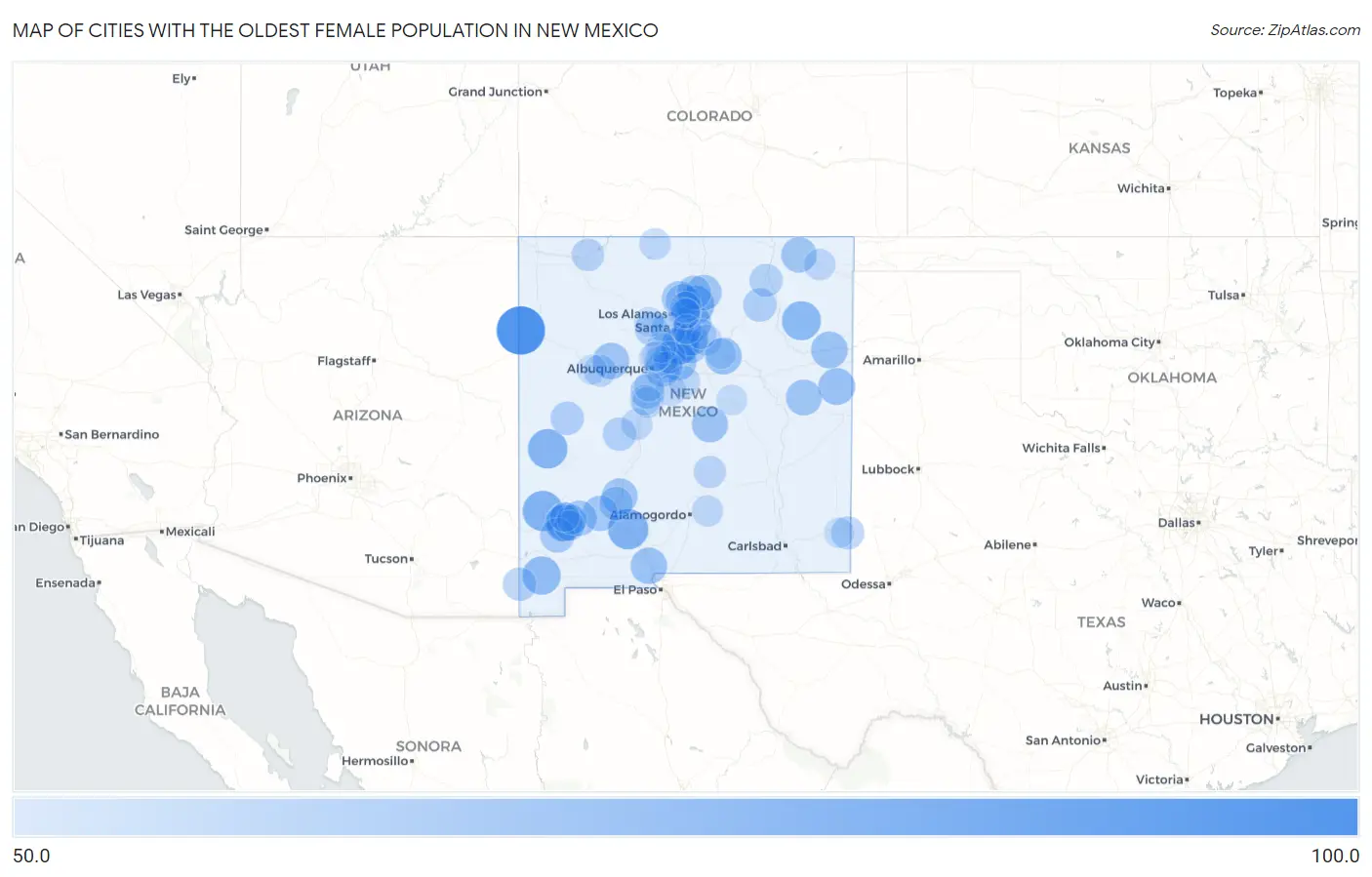 Cities with the Oldest Female Population in New Mexico Map