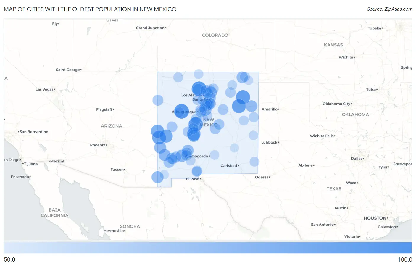Cities with the Oldest Population in New Mexico Map