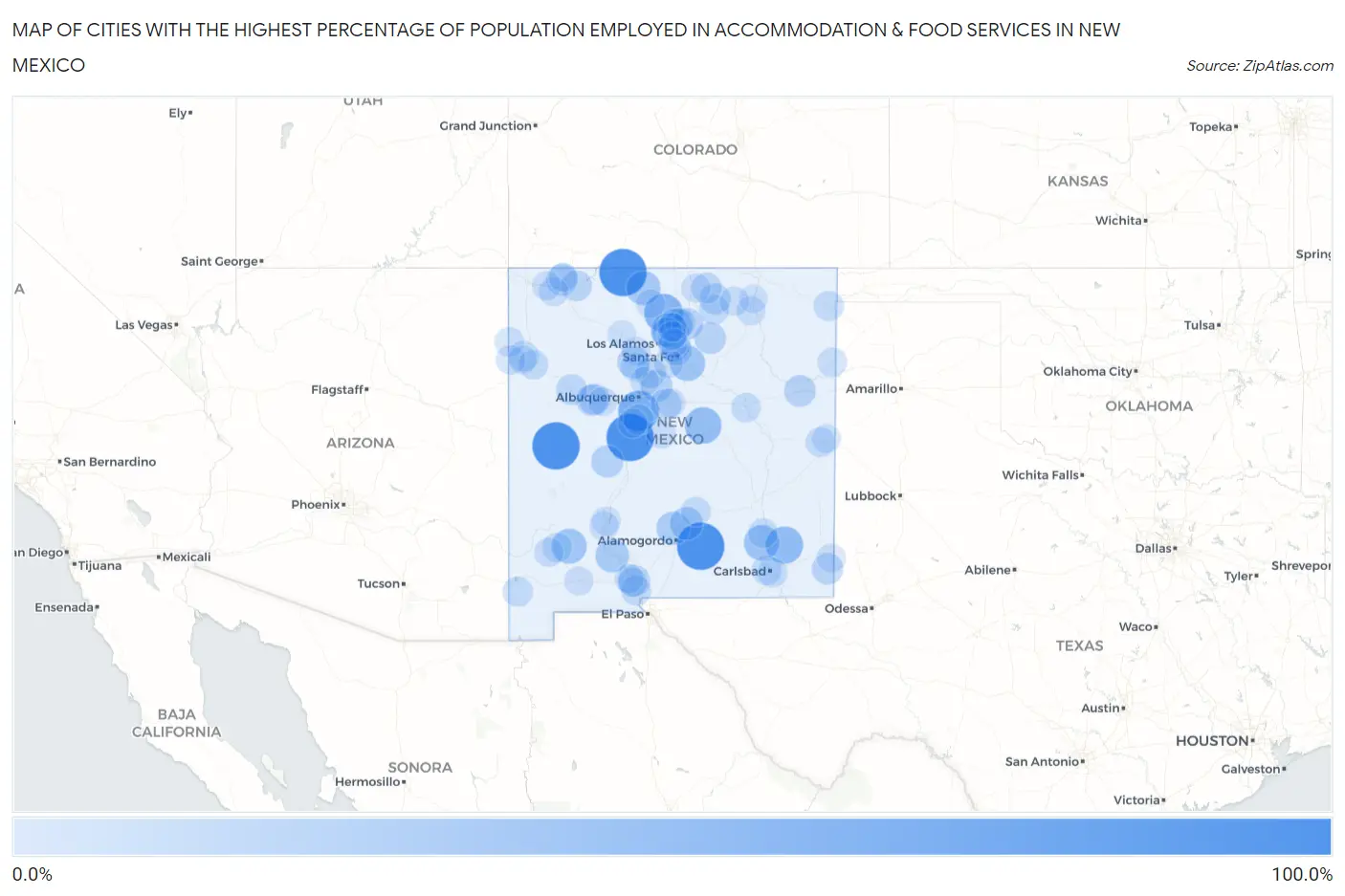 Cities with the Highest Percentage of Population Employed in Accommodation & Food Services in New Mexico Map