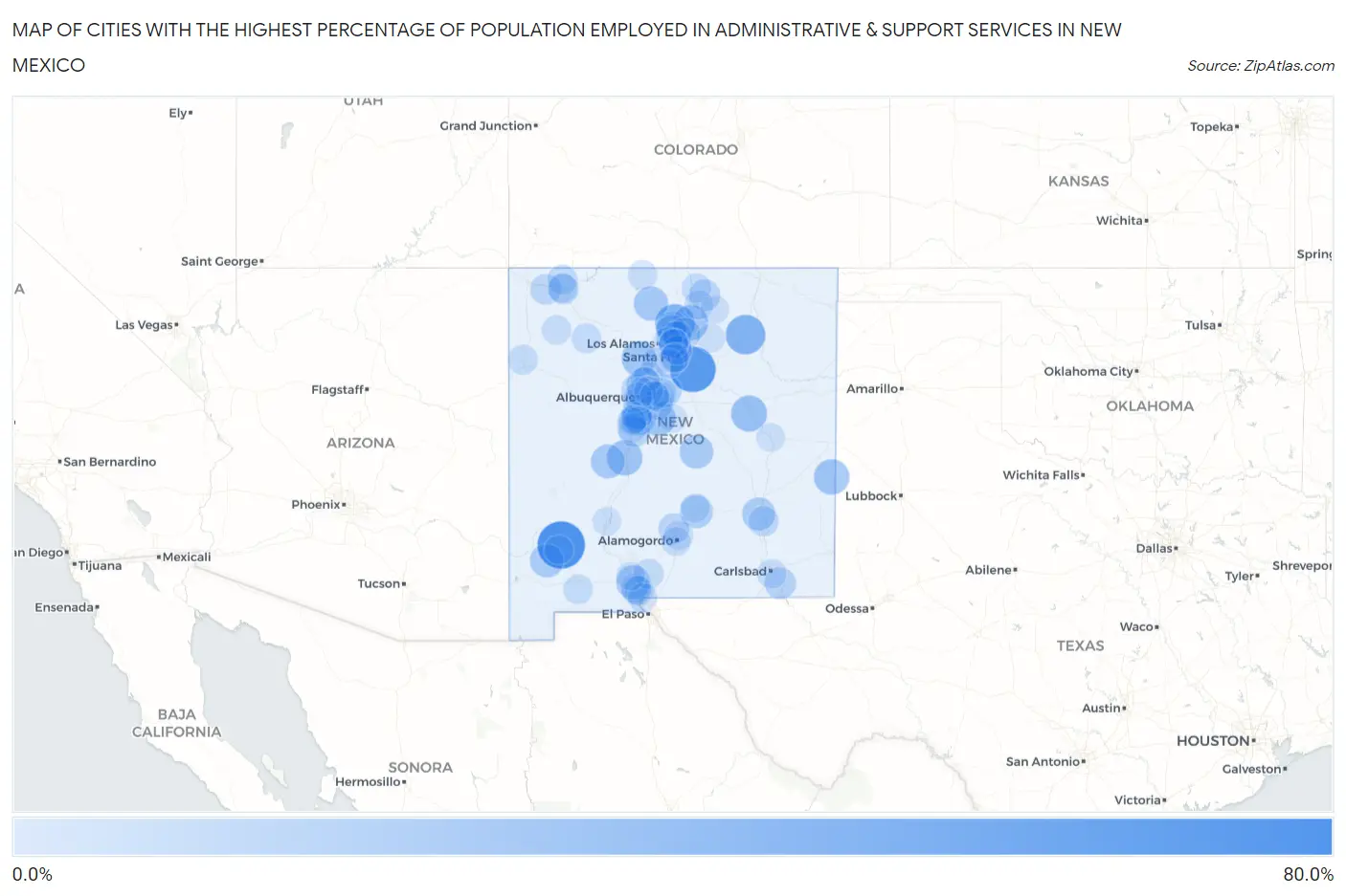 Cities with the Highest Percentage of Population Employed in Administrative & Support Services in New Mexico Map