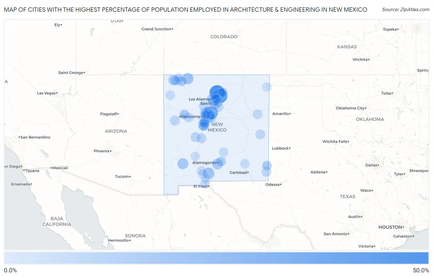 Cities with the Highest Percentage of Population Employed in Architecture & Engineering in New Mexico Map