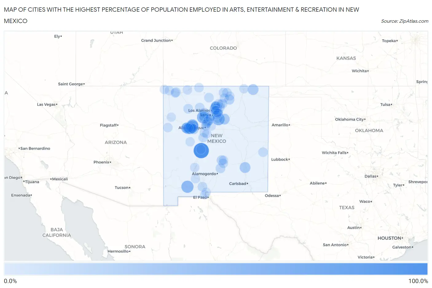 Cities with the Highest Percentage of Population Employed in Arts, Entertainment & Recreation in New Mexico Map