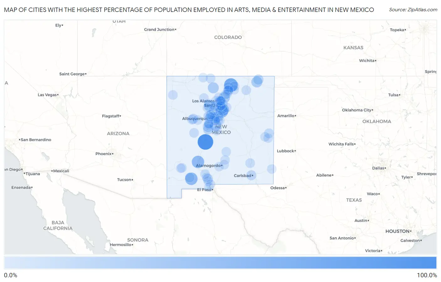 Cities with the Highest Percentage of Population Employed in Arts, Media & Entertainment in New Mexico Map