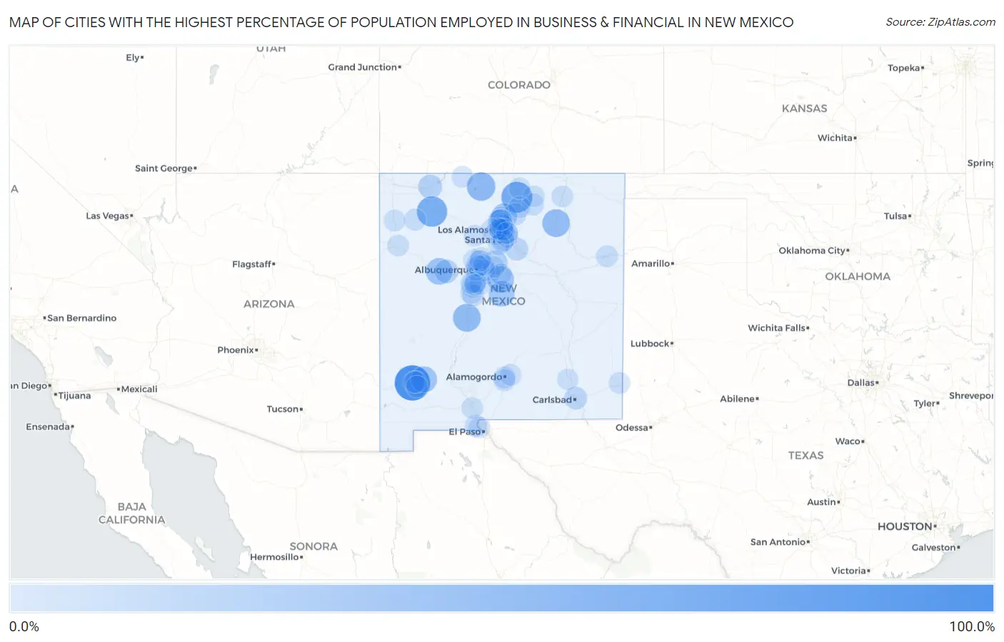 Cities with the Highest Percentage of Population Employed in Business & Financial in New Mexico Map