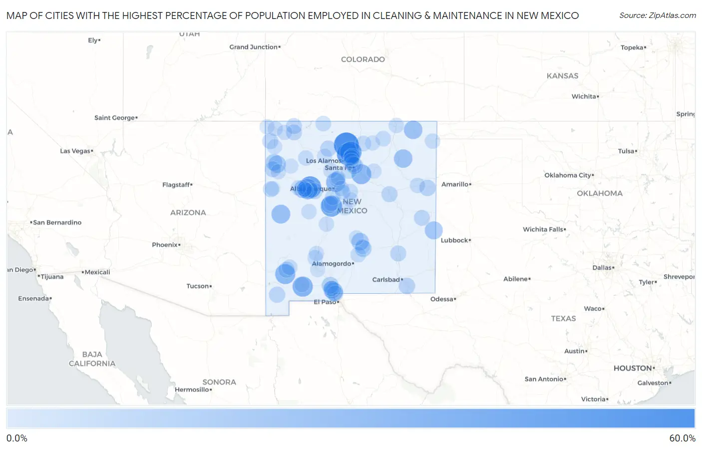 Cities with the Highest Percentage of Population Employed in Cleaning & Maintenance in New Mexico Map