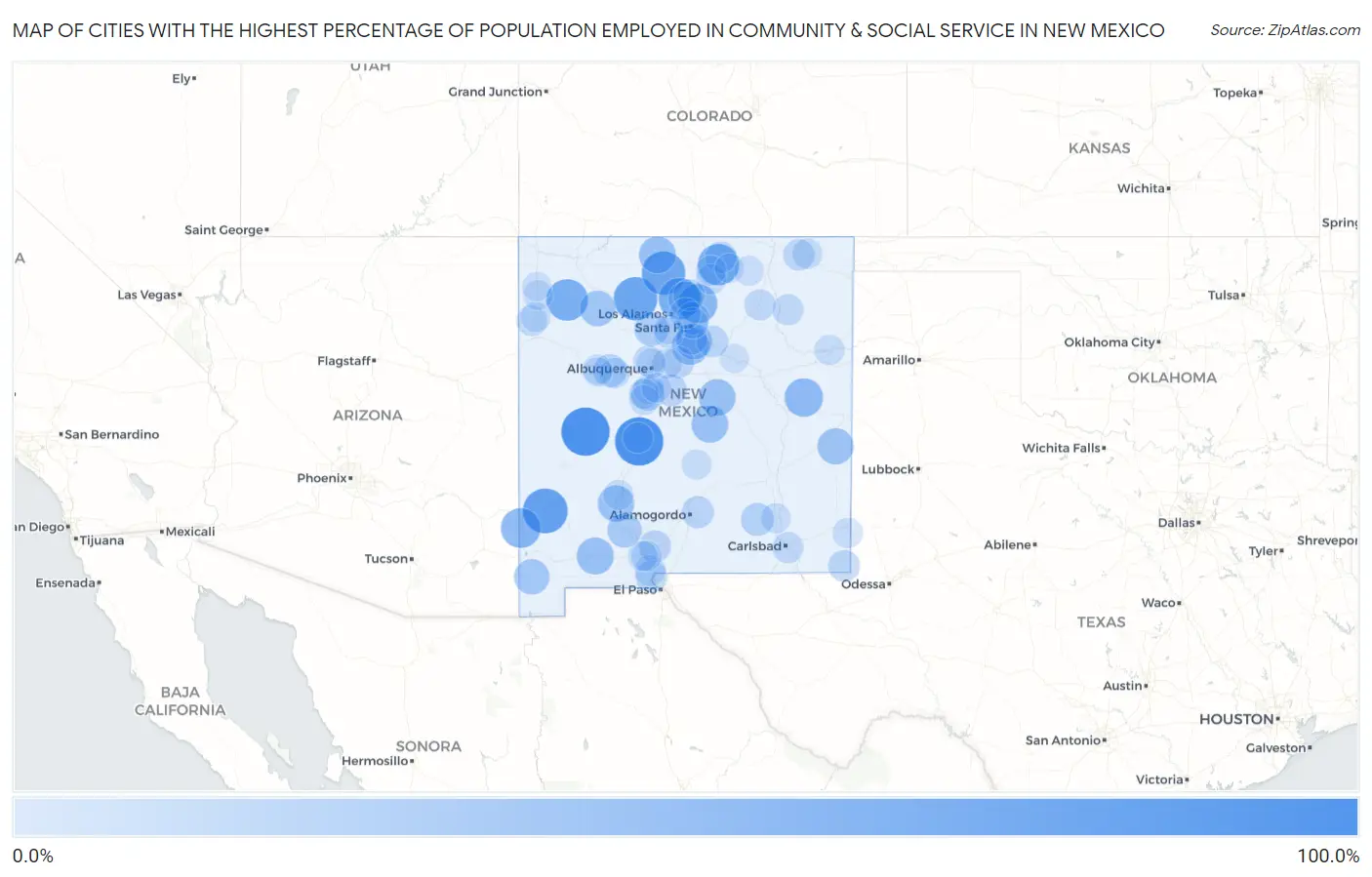 Cities with the Highest Percentage of Population Employed in Community & Social Service  in New Mexico Map