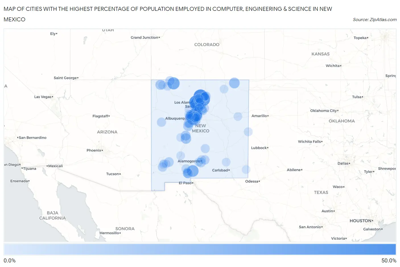 Cities with the Highest Percentage of Population Employed in Computer, Engineering & Science in New Mexico Map