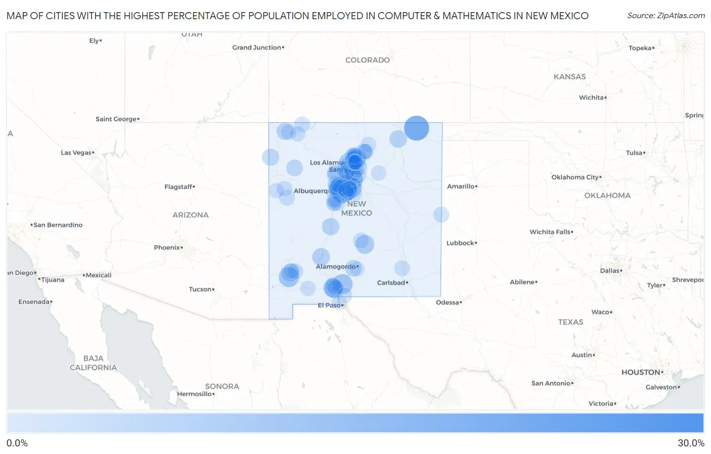 Cities with the Highest Percentage of Population Employed in Computer & Mathematics in New Mexico Map