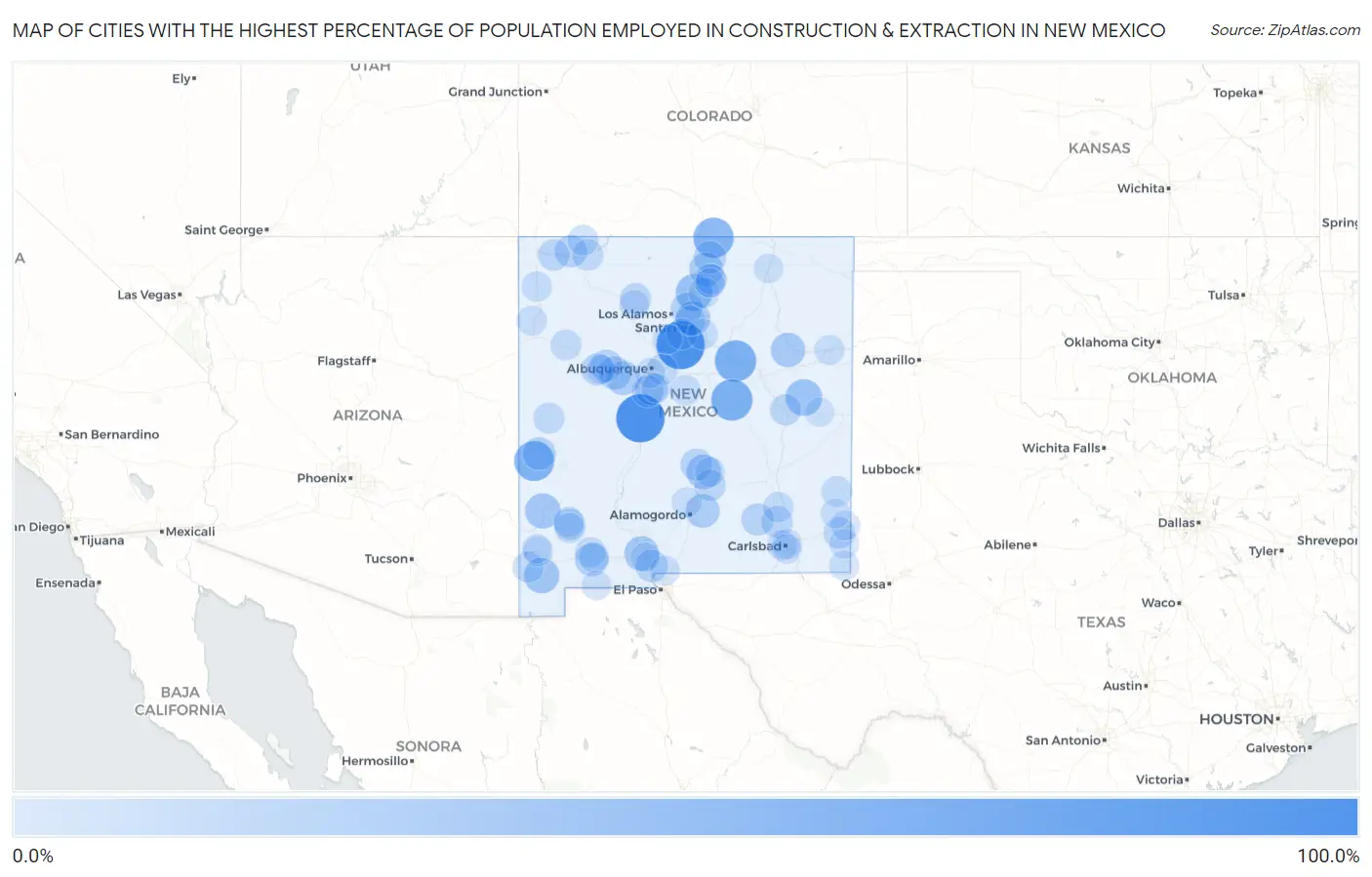 Cities with the Highest Percentage of Population Employed in Construction & Extraction in New Mexico Map