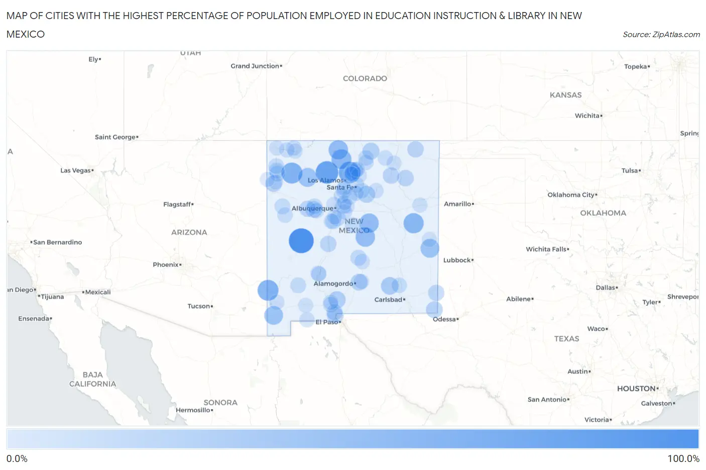 Cities with the Highest Percentage of Population Employed in Education Instruction & Library in New Mexico Map