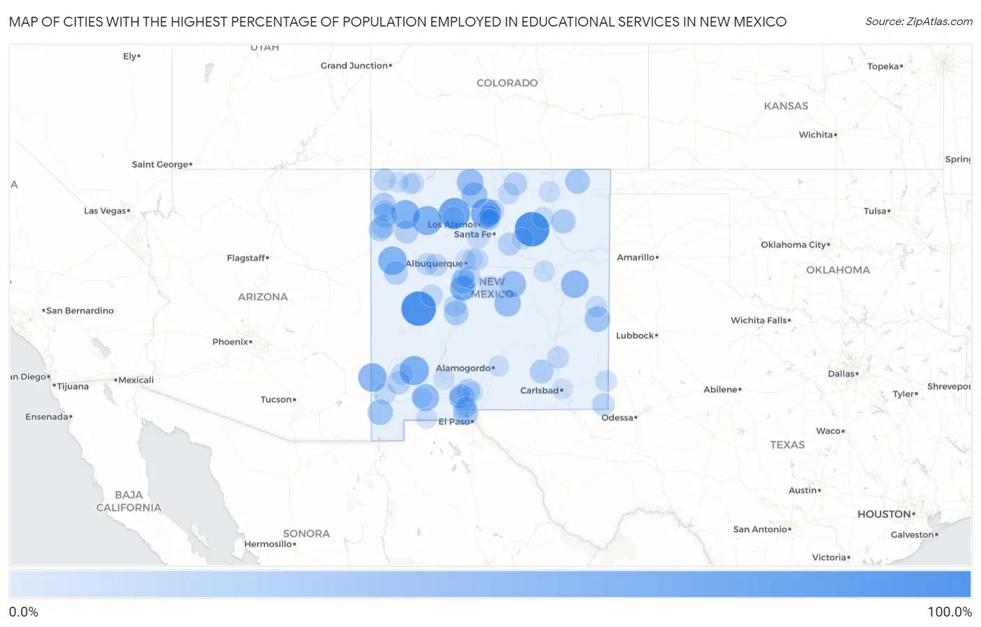 Cities with the Highest Percentage of Population Employed in Educational Services in New Mexico Map