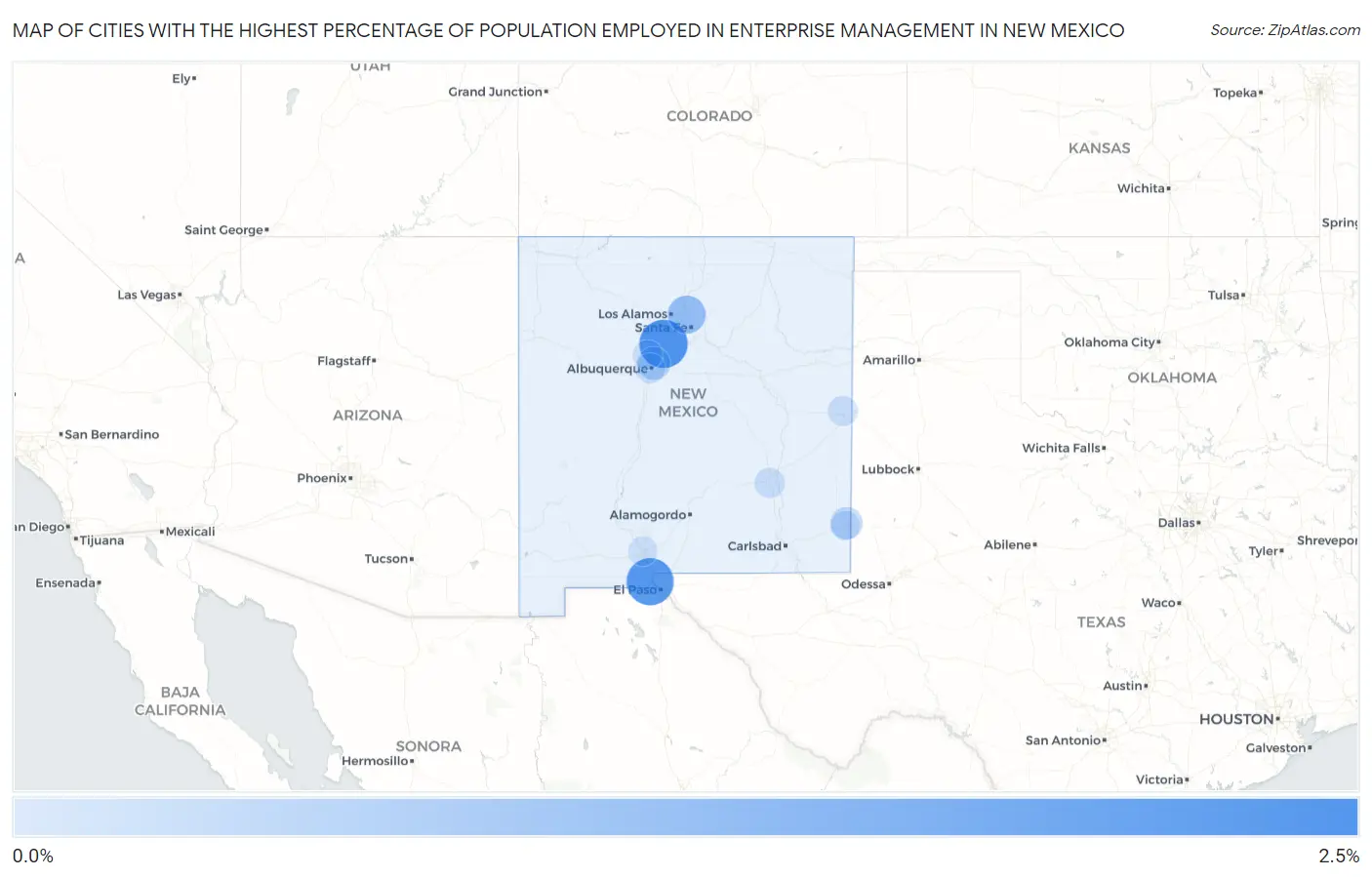 Cities with the Highest Percentage of Population Employed in Enterprise Management in New Mexico Map