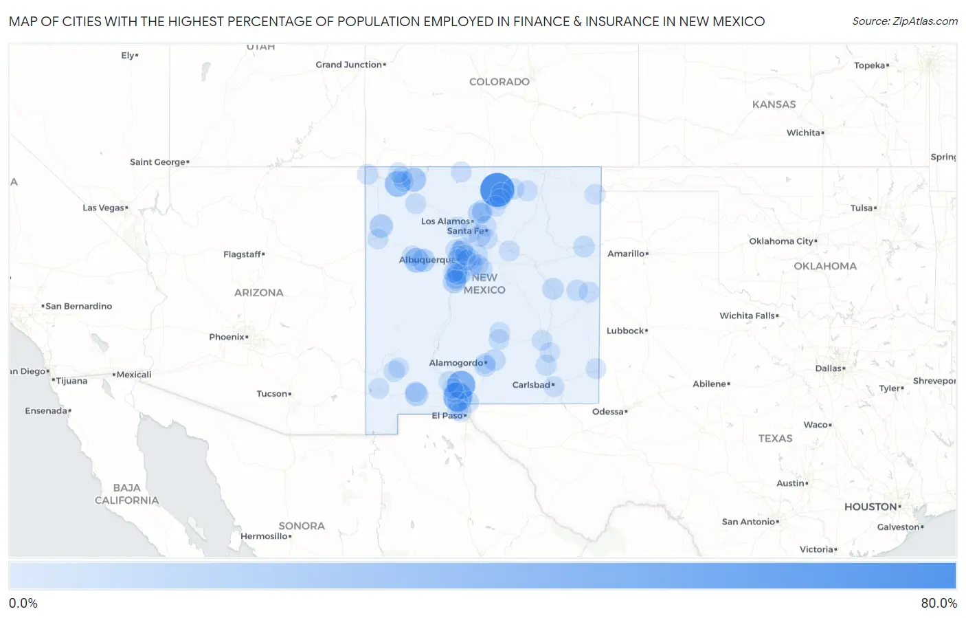 Cities with the Highest Percentage of Population Employed in Finance & Insurance in New Mexico Map