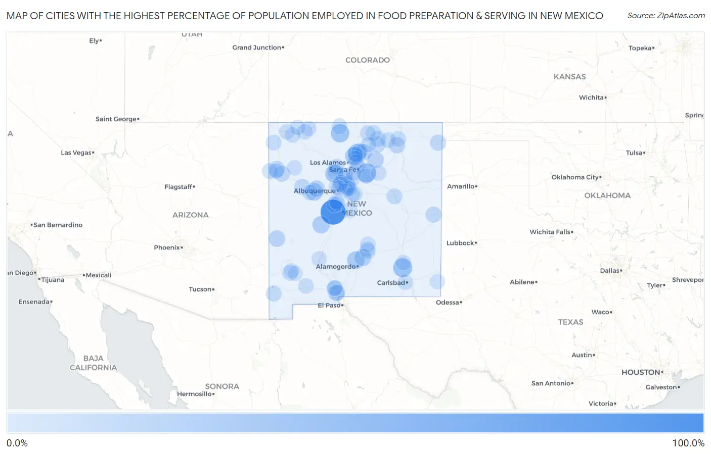 Cities with the Highest Percentage of Population Employed in Food Preparation & Serving in New Mexico Map
