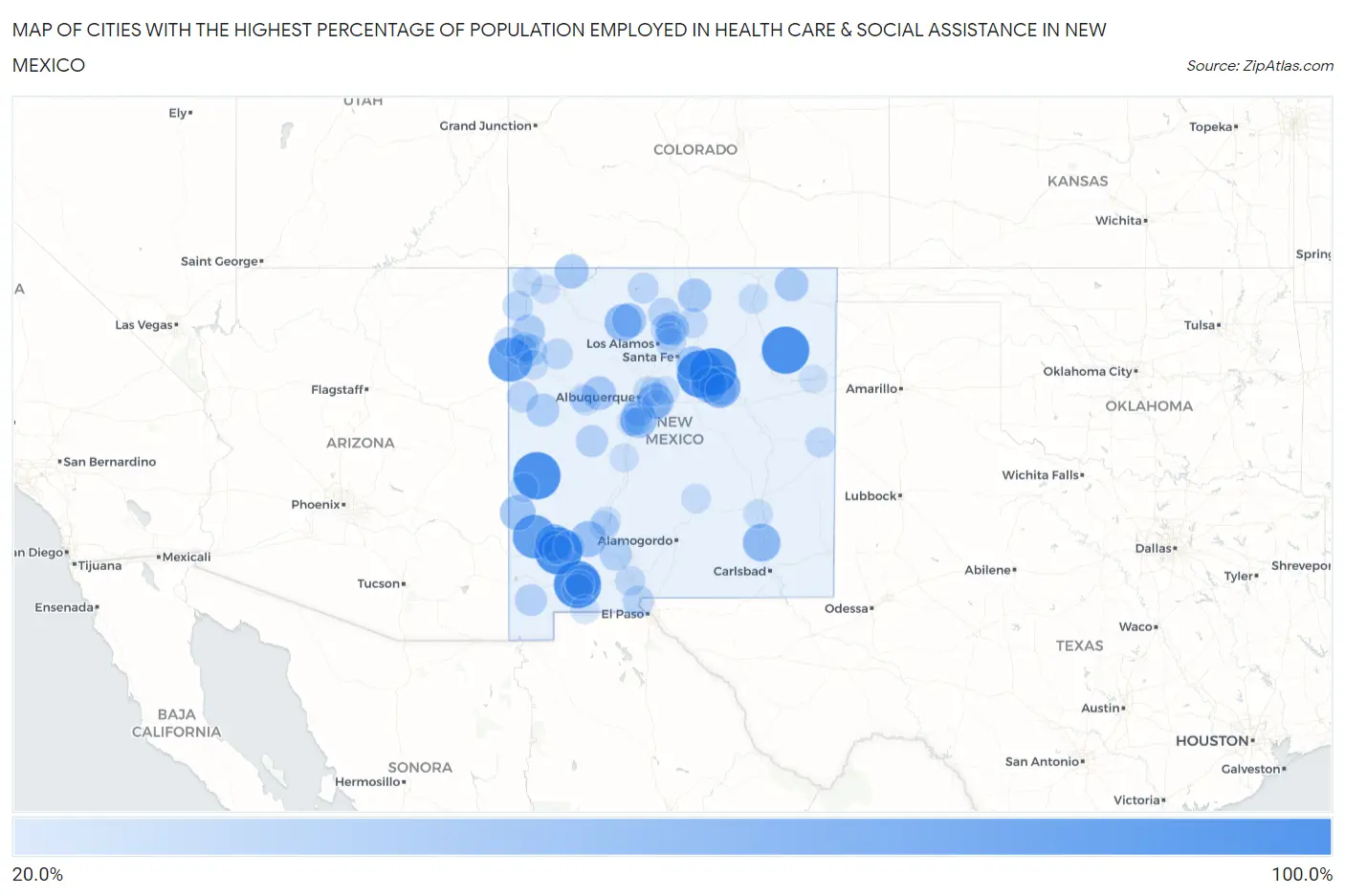 Cities with the Highest Percentage of Population Employed in Health Care & Social Assistance in New Mexico Map