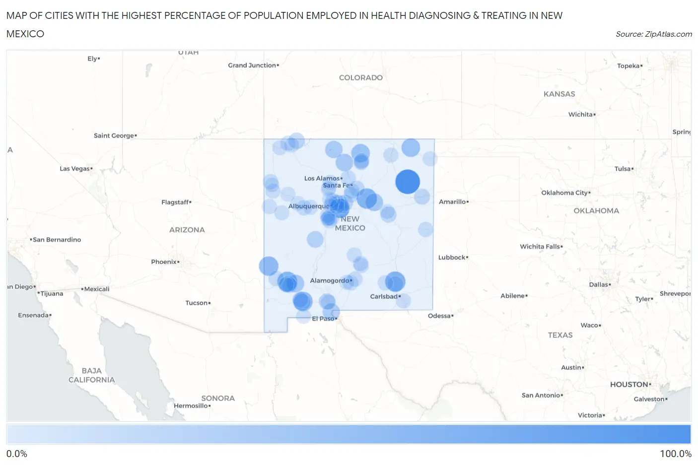 Cities with the Highest Percentage of Population Employed in Health Diagnosing & Treating in New Mexico Map