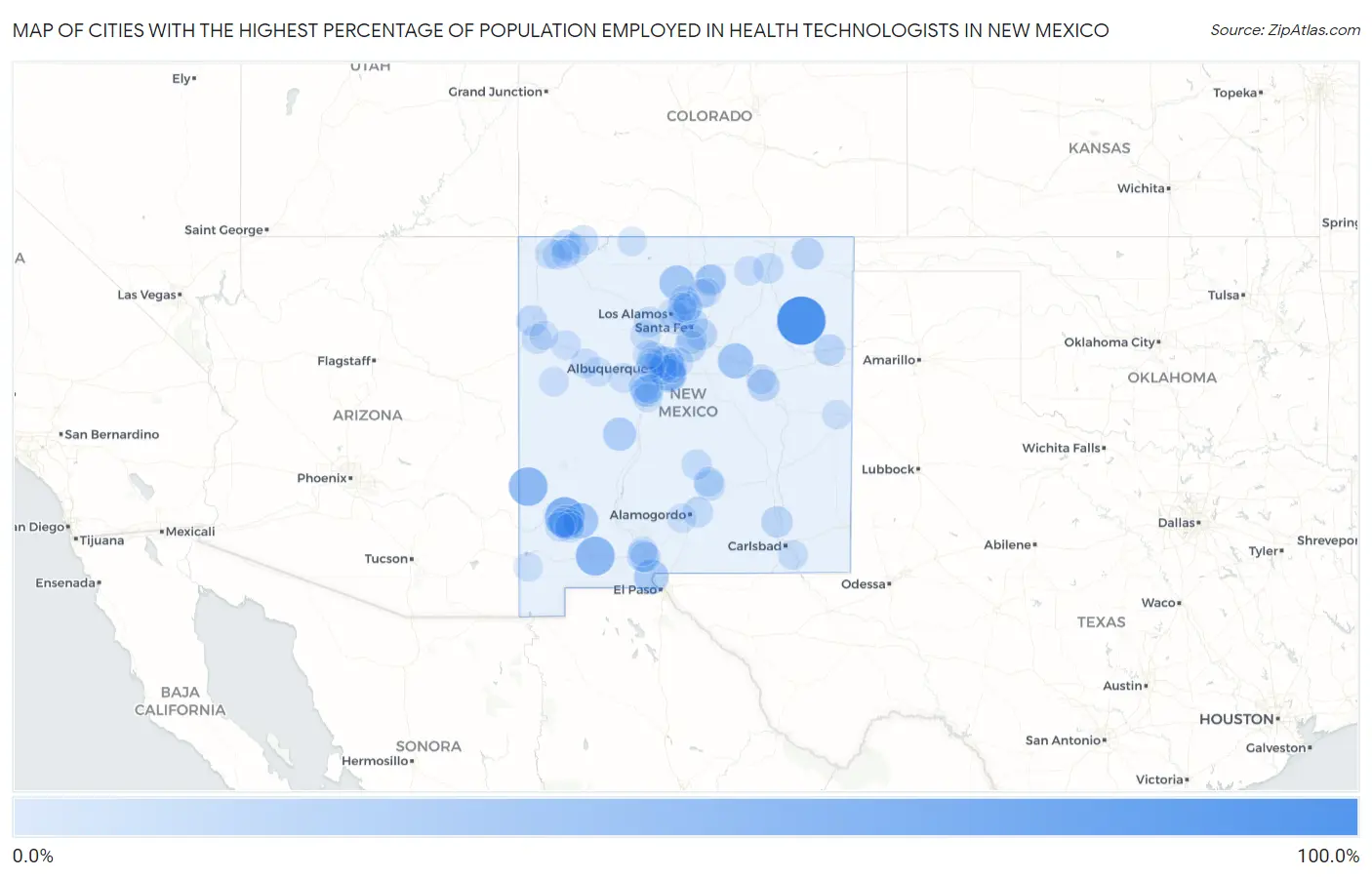 Cities with the Highest Percentage of Population Employed in Health Technologists in New Mexico Map