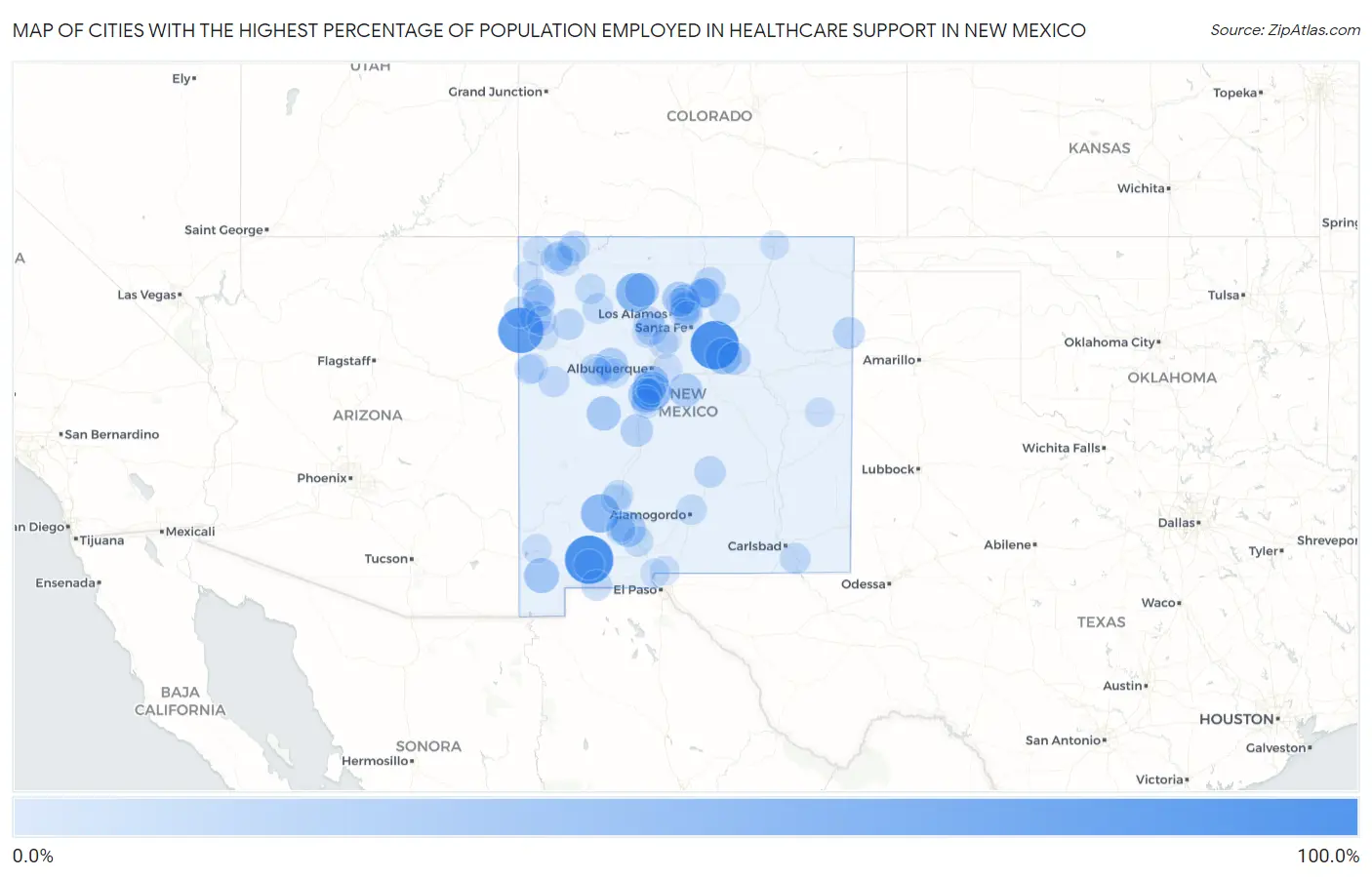 Cities with the Highest Percentage of Population Employed in Healthcare Support in New Mexico Map