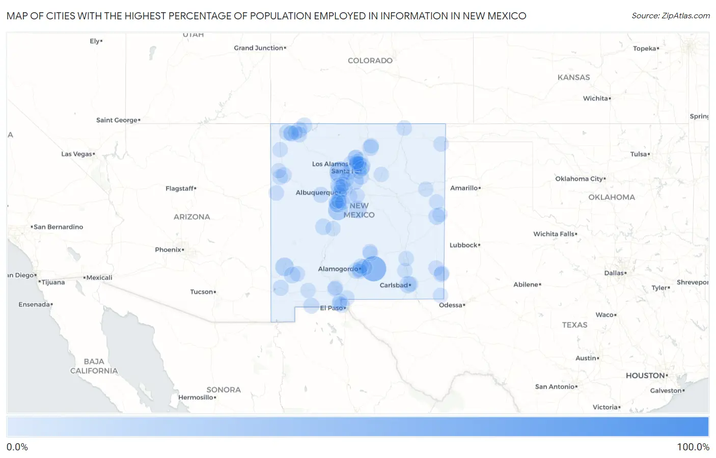 Cities with the Highest Percentage of Population Employed in Information in New Mexico Map