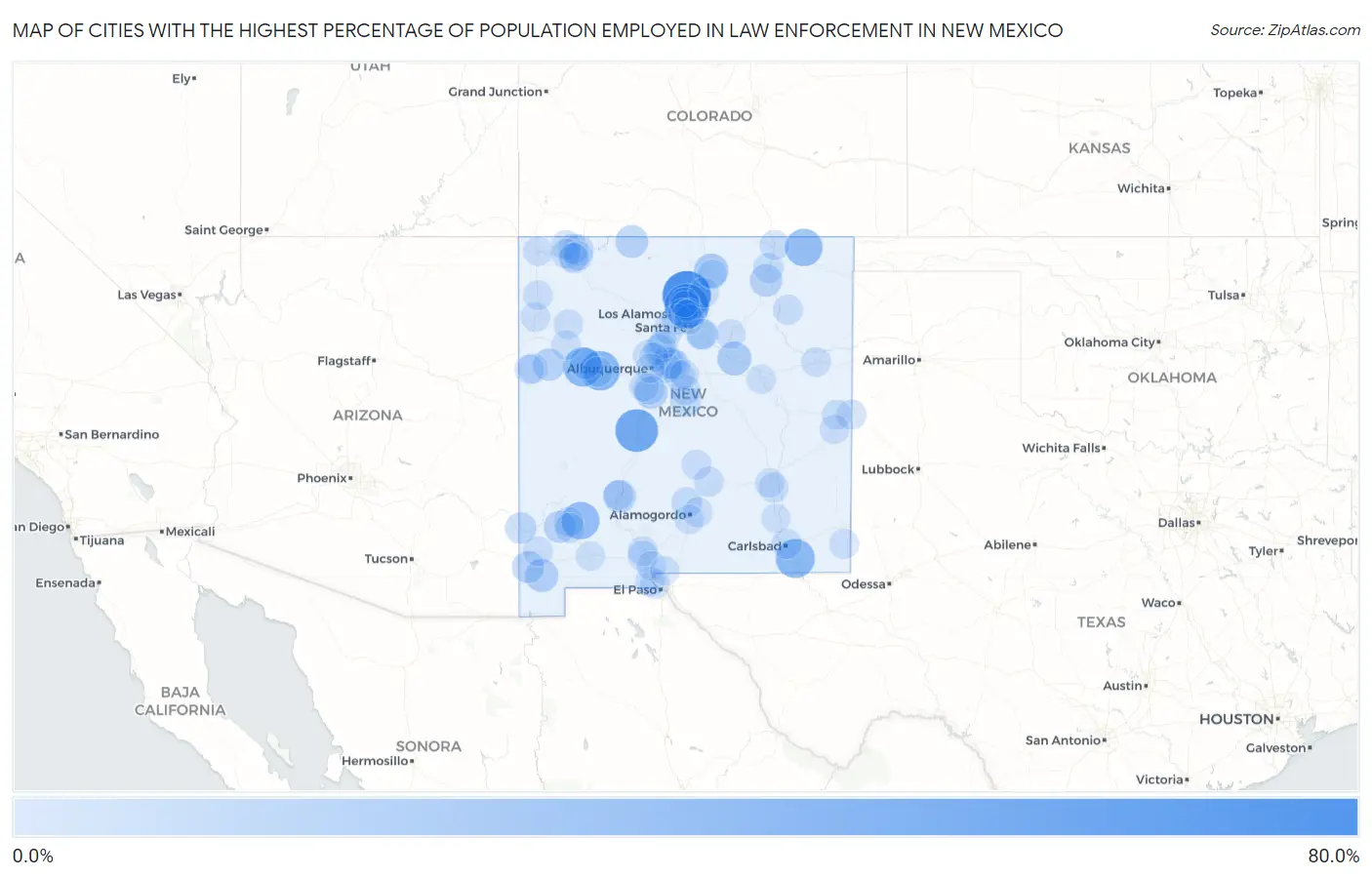 Cities with the Highest Percentage of Population Employed in Law Enforcement in New Mexico Map