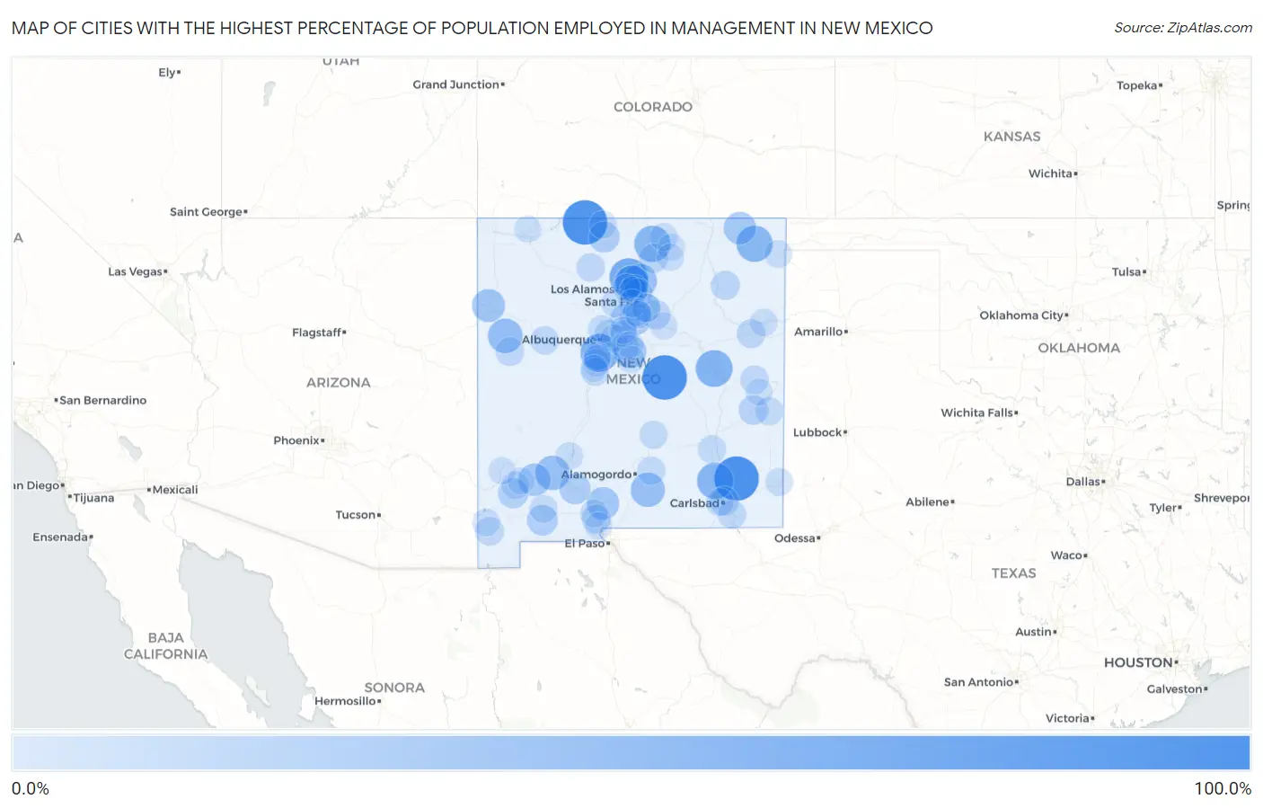Cities with the Highest Percentage of Population Employed in Management in New Mexico Map
