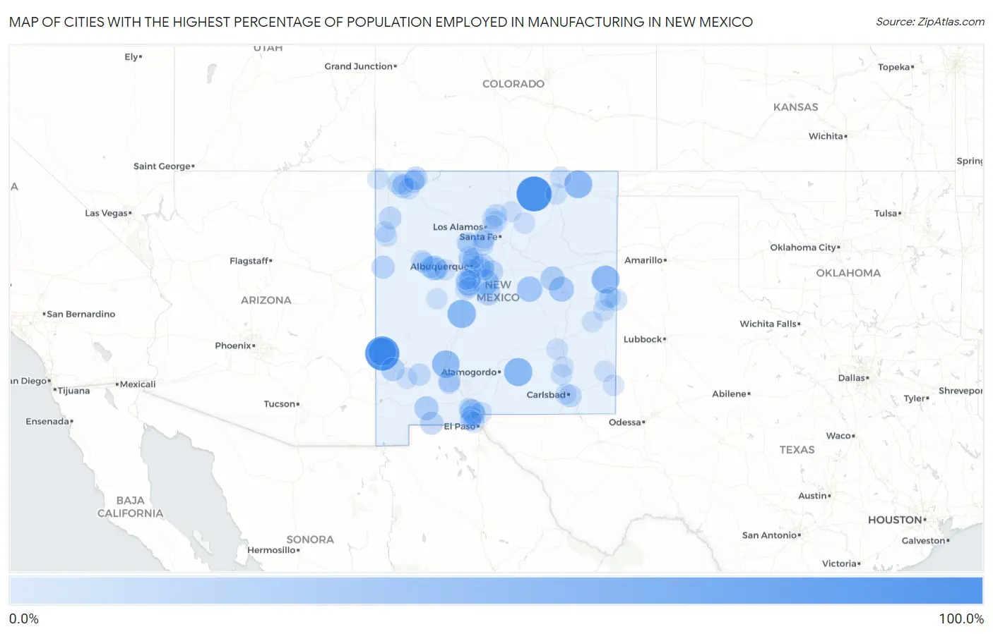 Cities with the Highest Percentage of Population Employed in Manufacturing in New Mexico Map