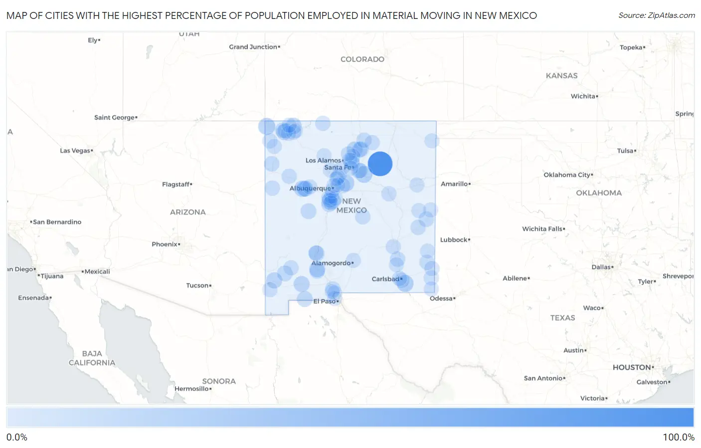 Cities with the Highest Percentage of Population Employed in Material Moving in New Mexico Map