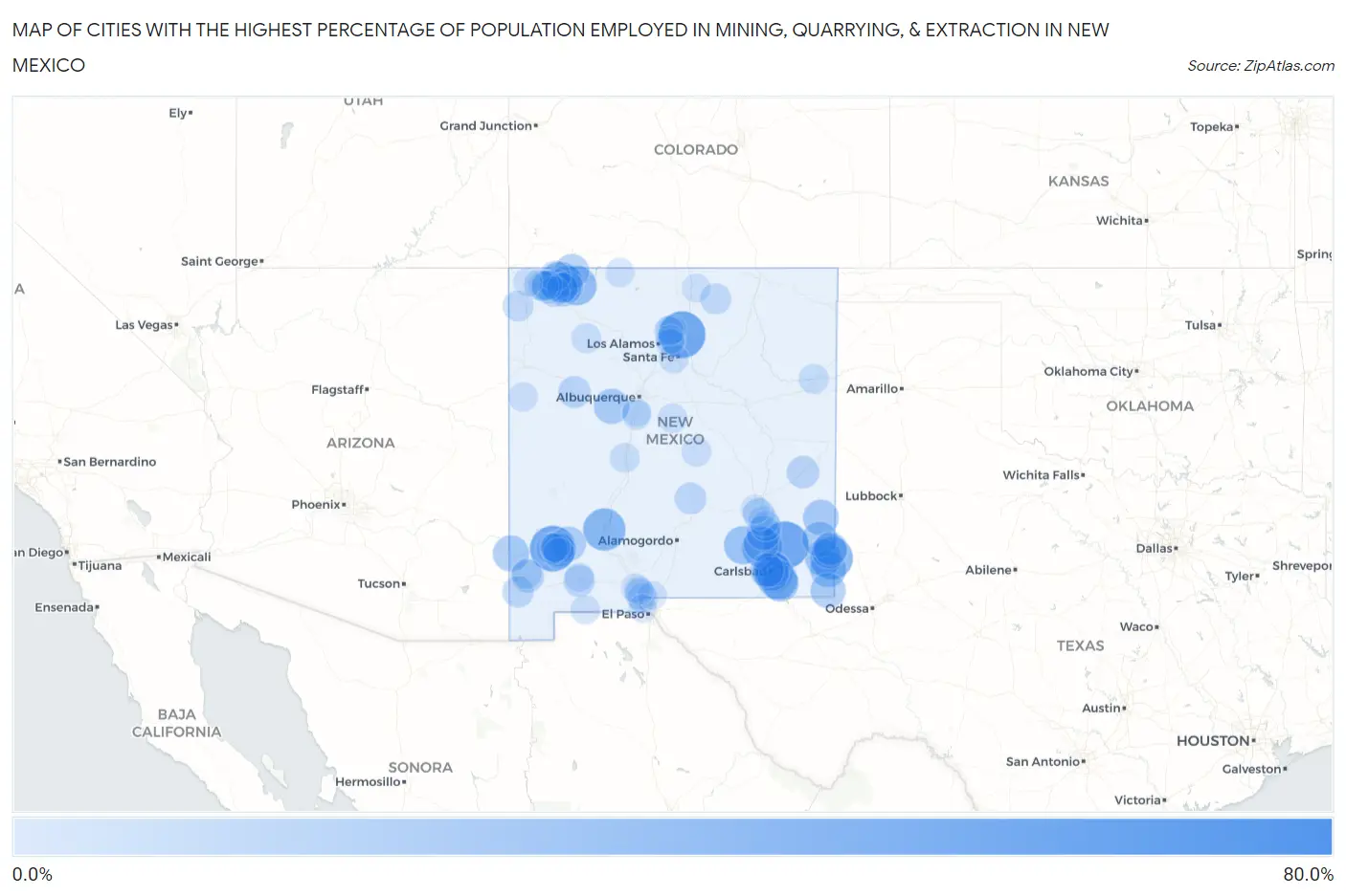 Cities with the Highest Percentage of Population Employed in Mining, Quarrying, & Extraction in New Mexico Map