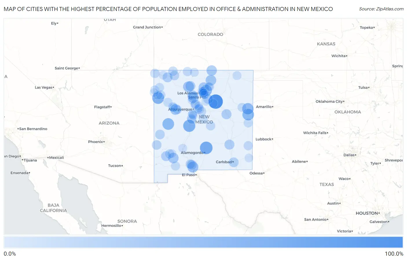 Cities with the Highest Percentage of Population Employed in Office & Administration in New Mexico Map