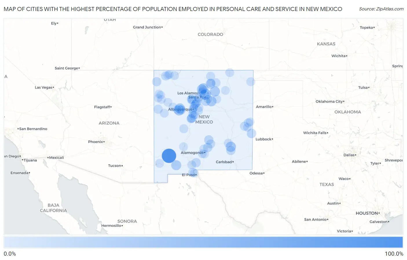 Cities with the Highest Percentage of Population Employed in Personal Care and Service in New Mexico Map