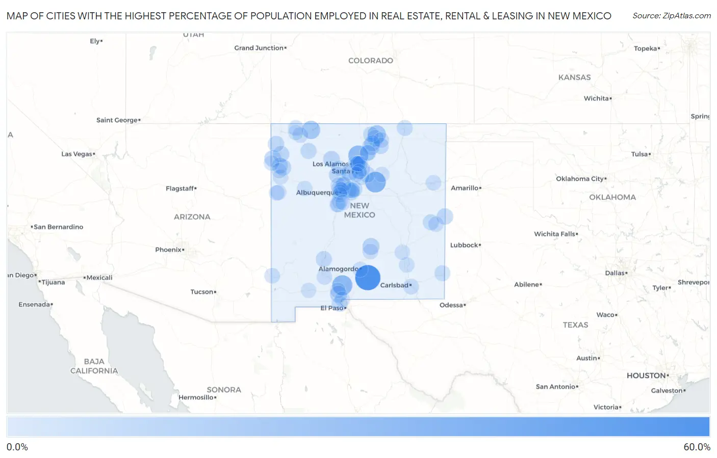 Cities with the Highest Percentage of Population Employed in Real Estate, Rental & Leasing in New Mexico Map
