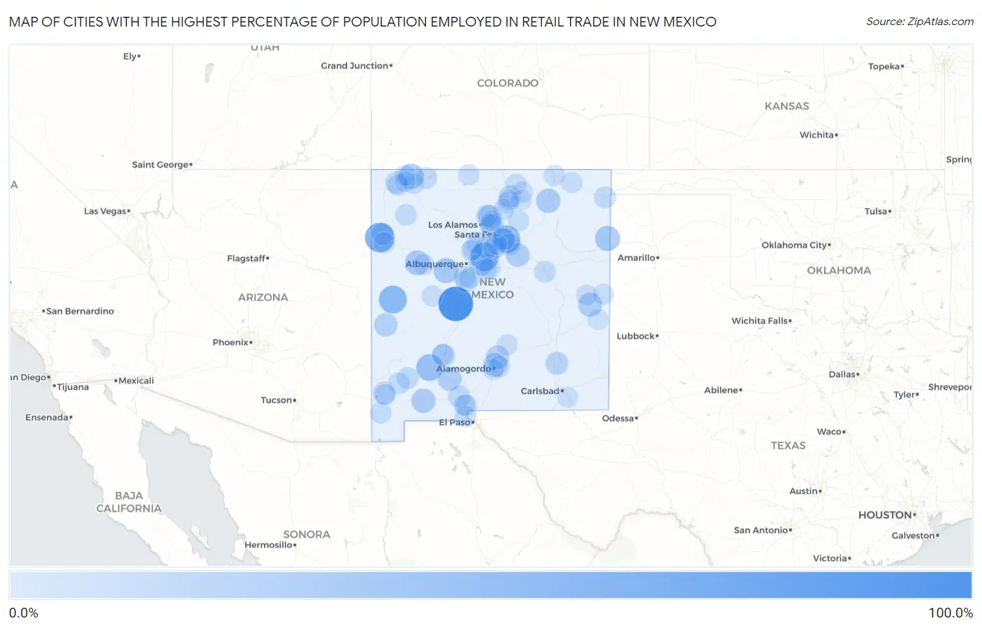 Cities with the Highest Percentage of Population Employed in Retail Trade in New Mexico Map