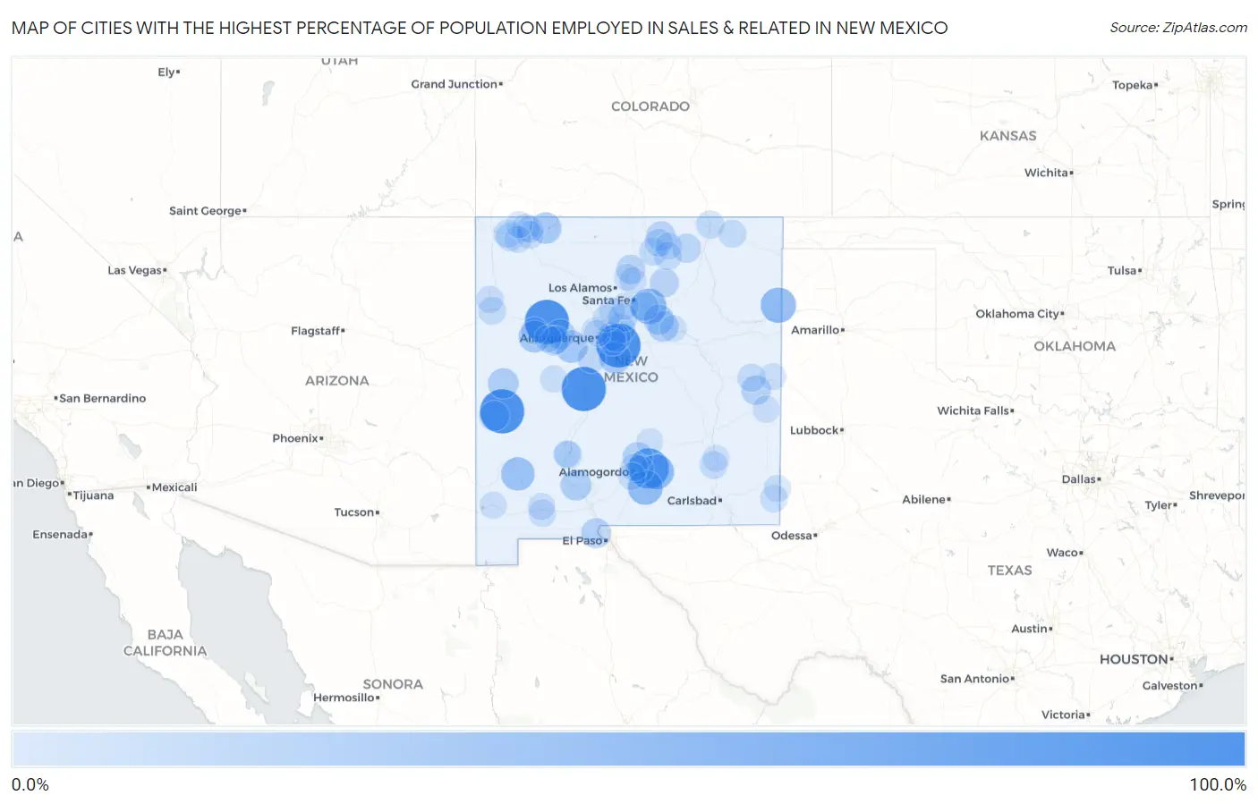 Cities with the Highest Percentage of Population Employed in Sales & Related in New Mexico Map