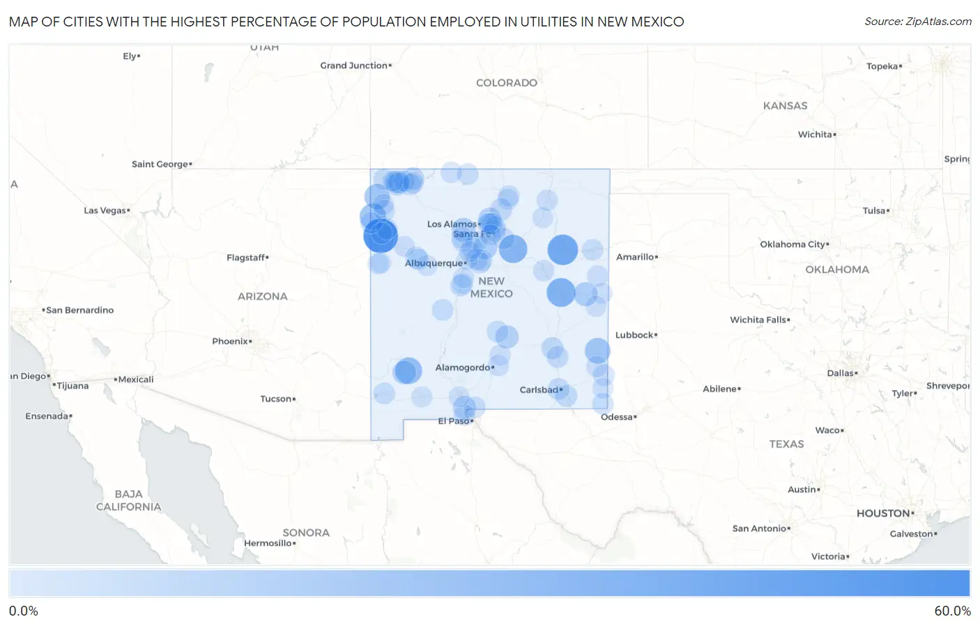 Cities with the Highest Percentage of Population Employed in Utilities in New Mexico Map