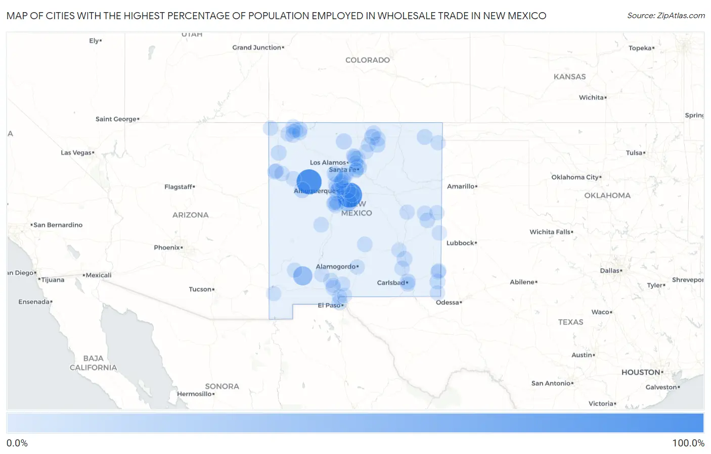Cities with the Highest Percentage of Population Employed in Wholesale Trade in New Mexico Map