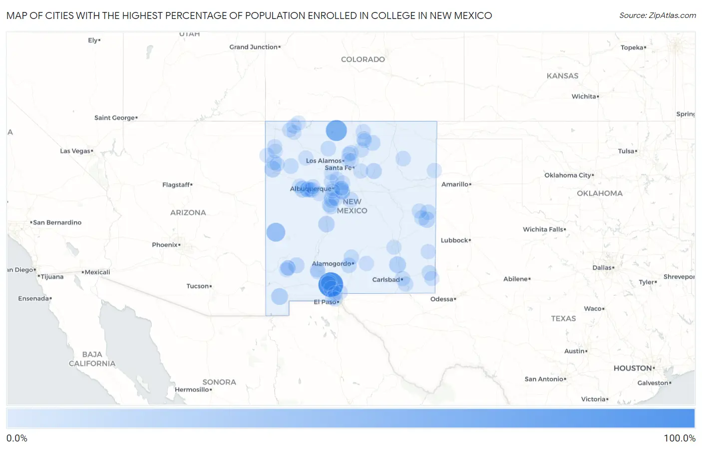 Cities with the Highest Percentage of Population Enrolled in College in New Mexico Map