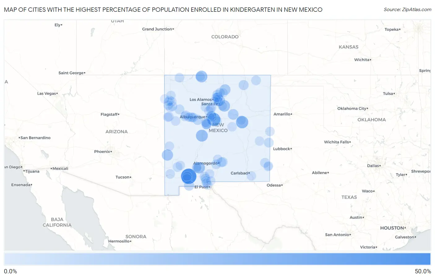 Cities with the Highest Percentage of Population Enrolled in Kindergarten in New Mexico Map