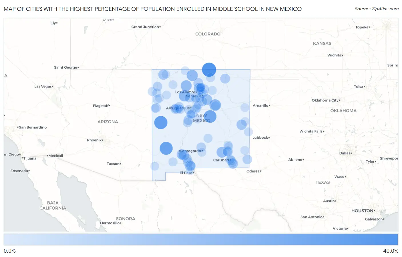 Cities with the Highest Percentage of Population Enrolled in Middle School in New Mexico Map