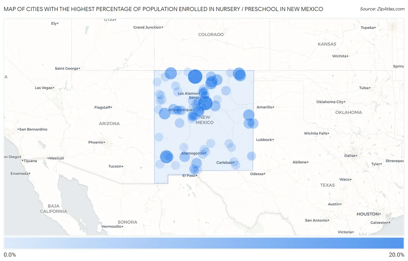 Cities with the Highest Percentage of Population Enrolled in Nursery / Preschool in New Mexico Map