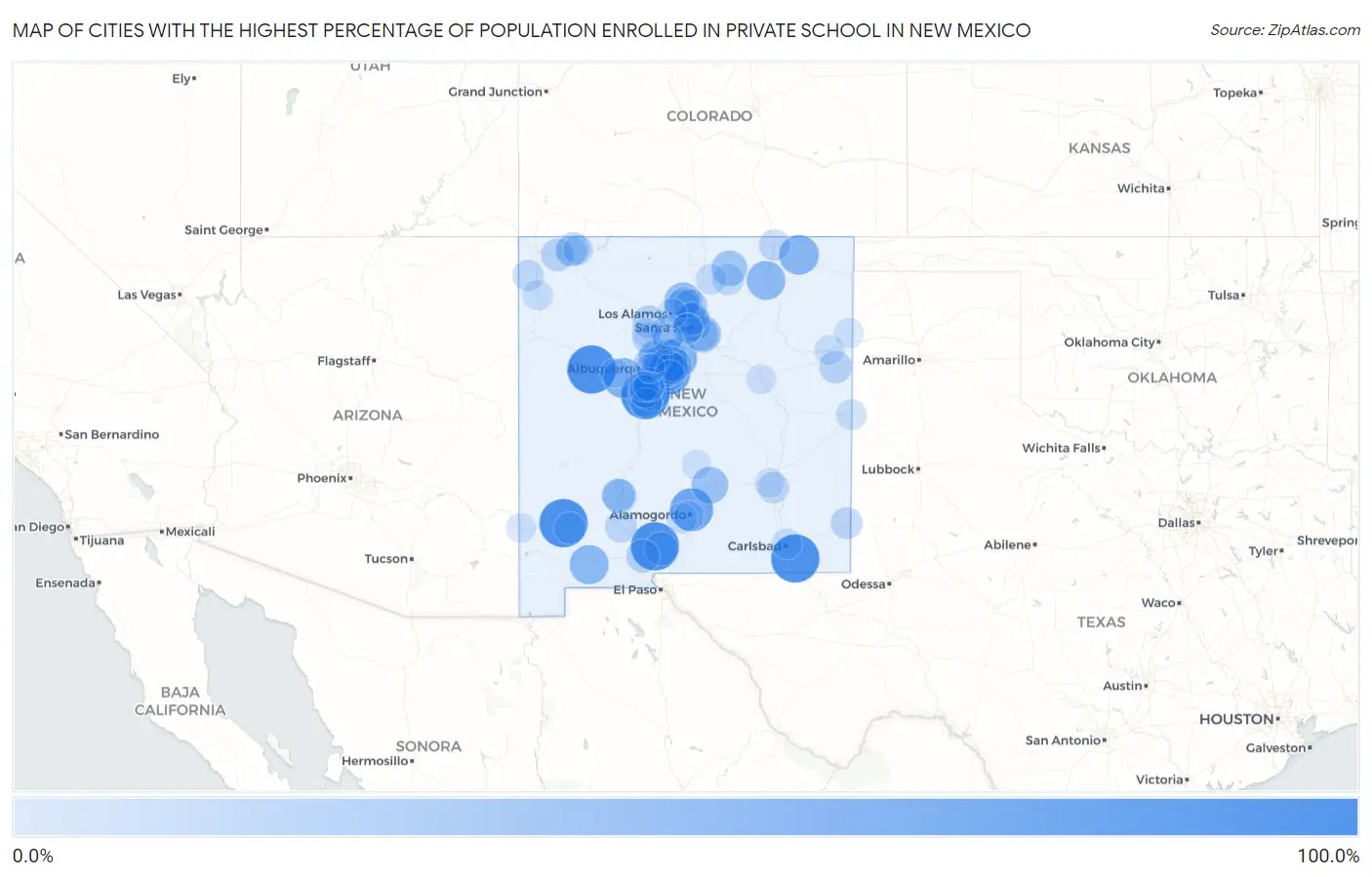 Cities with the Highest Percentage of Population Enrolled in Private School in New Mexico Map