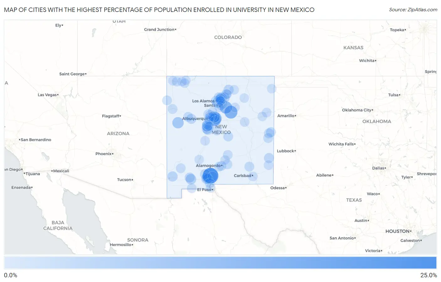 Cities with the Highest Percentage of Population Enrolled in University in New Mexico Map