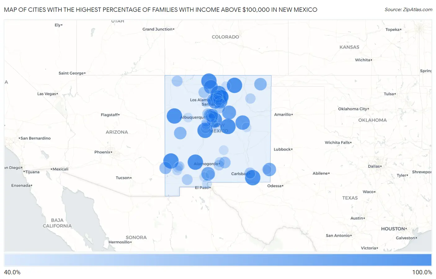 Cities with the Highest Percentage of Families with Income Above $100,000 in New Mexico Map
