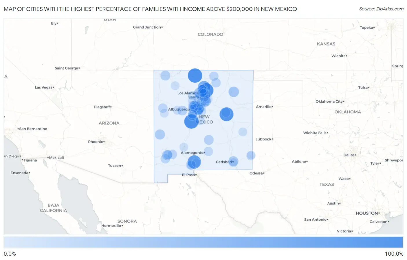 Cities with the Highest Percentage of Families with Income Above $200,000 in New Mexico Map