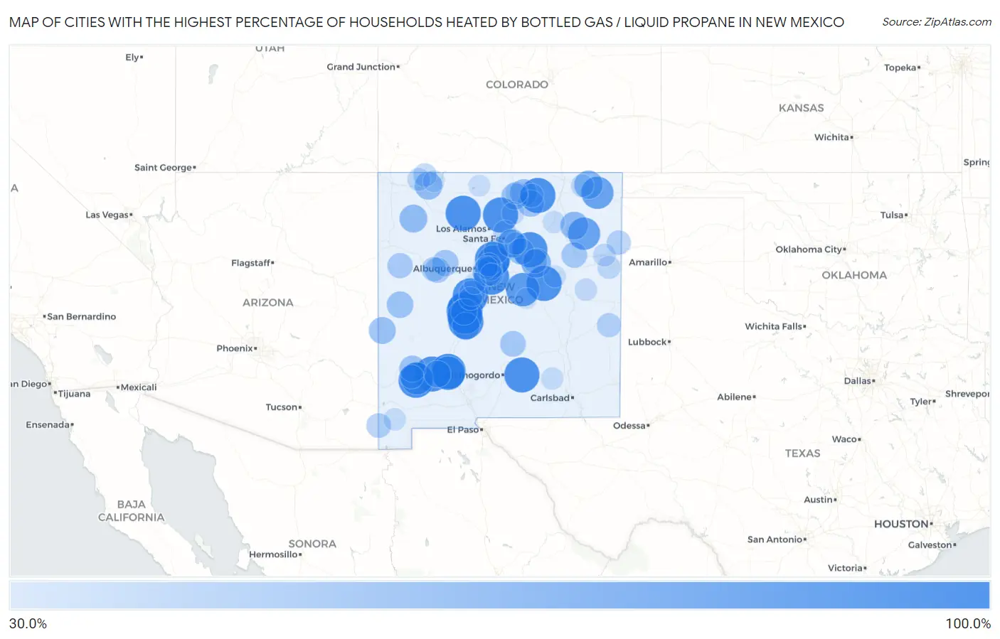 Cities with the Highest Percentage of Households Heated by Bottled Gas / Liquid Propane in New Mexico Map